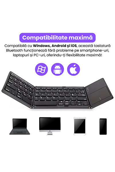 BRAGUS Tastatura pliabila ultra-subtire, touchpad, wireless si compatibila cu Android, iOS, Smart TV, negru