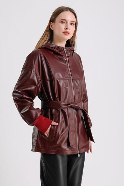 MQ Leather Maroquin Leather Alicia Kadın Kapüşonlu Deri Mont