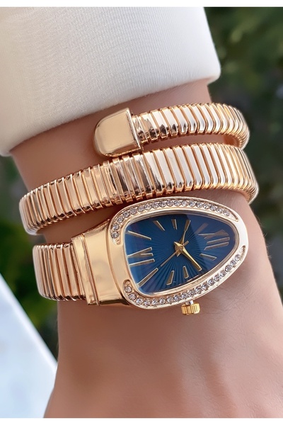 Merand Gold Color Blue Dial Snake Watch, Wrap Around Watch, Women's Wristwatch
