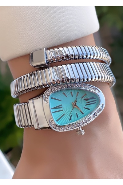 Merand Silver Color Turquoise Dial Snake Watch, Wrap Around Watch, Women's Wristwatch