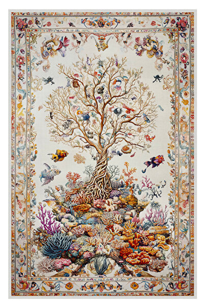 kilim home Mercan ve Ağaç Desenli Yumuşak Dokulu, Pamuk Taban, Yatak Odası & ...