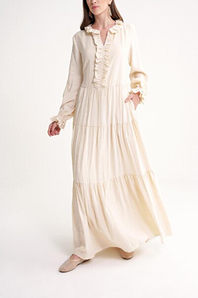 SOCIETA Ekru Fırfır detaylı bol kesim uzun elbise 94656