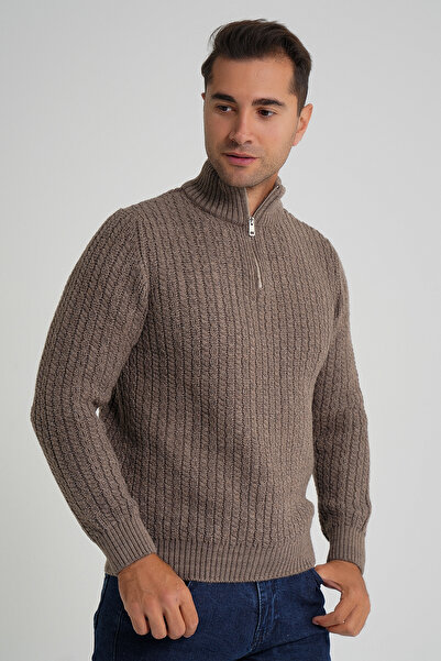 Trist Star Trist Star Men's Milk Coffee Short Zippered Selanik Hair Braided Standing Collar Wool Sweater Trist-5350