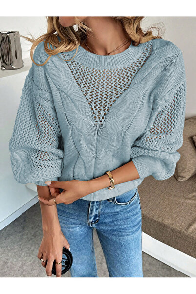 AQE FASHION Tricotaj pentru femei cu mâneci ajurate, cu model din plasă, cu gât cu decolteu, tricotaj pentru păr, pulover, albastru bebeluș
