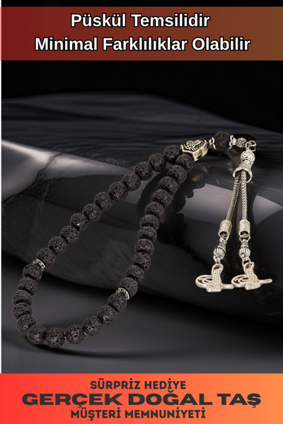 OSMANLI GÜMÜŞ Erkek Doğal Taş Tespih - Doğal Siyah Lav Taşlı Ortaboy Tesbih