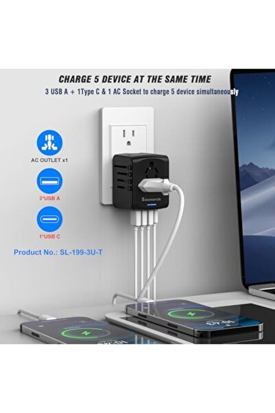 Generic محول طاقة سفر عالمي SAUNORCH مزود بمنفذ USB-A عالي السرعة 2.4 أمبير، وشاحن حائط USB-C 3.0 أمبير