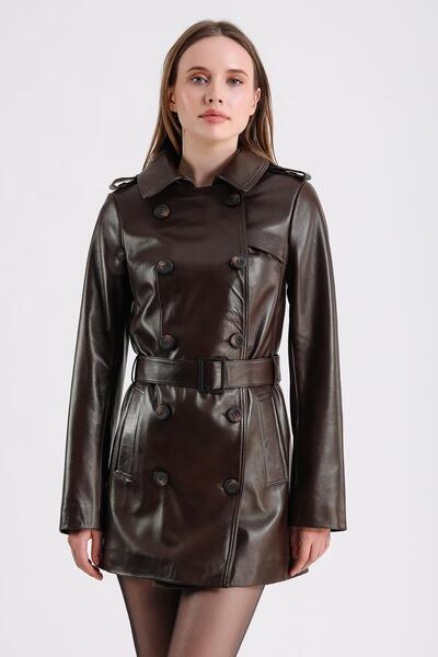 MQ Leather Maroquin Leather Barbara Kadın Kruvaze Yaka Deri Trençkot