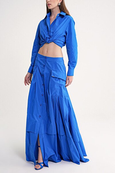 SOCIETA Mavi Büzgülü düğme detaylı etek 81321