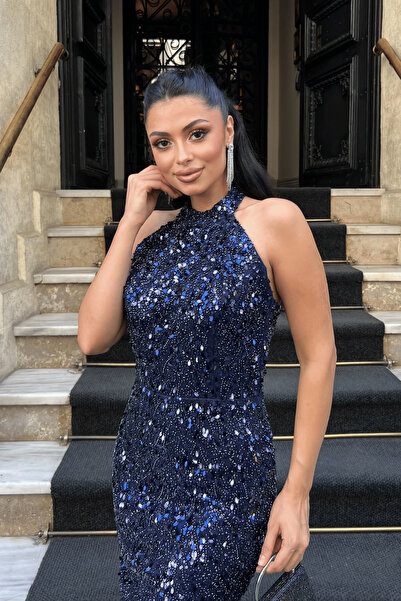 giyimmasalı Сукня з намистинами, що зав'язується на шиї - СИНЯ