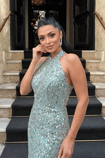 giyimmasalı Beaded Fabric Halter Neck Pencil Dress - Mint Green