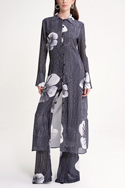 SOCIETA Siyah Piliseli uzun gömlek ve beli lastikli panlonlu takım 12356