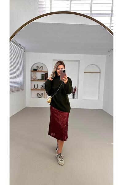 Sezgi Tekin Beli lastikli Payetli Bordo Midi Çan Etek