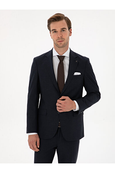 Cacharel Lacivert Slim Fit Mikro Desenli Mono Yaka Yün Karışımlı Takım Elbise 50311134-VR033
