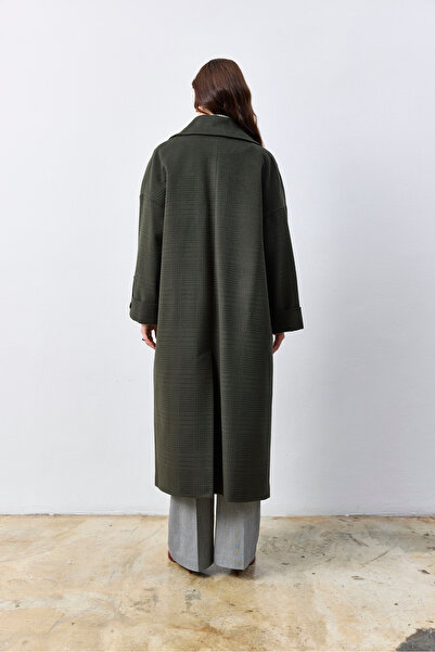 KENT Oversize Green Long Coat with Belt, Self-Textured Fabric