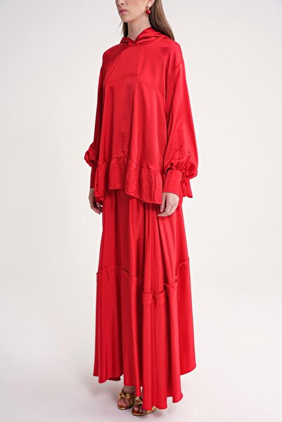 SOCIETA Kırmızı Pilise ve kapişon detaylı bluz ve beli lastikli etek ikili takım 12364