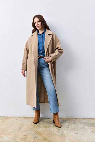 KENT Oversize Light Beige Long Coat with Belted Self-Textured Fabric