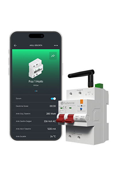 Hybrone Akıllı Wi-Fi C Tipi 63A 2P Otomatik Sigorta - Akım Koruma Rölesi