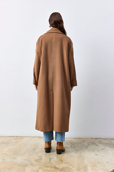 KENT Oversize Mustard Long Coat with Belt, Self-Textured Fabric