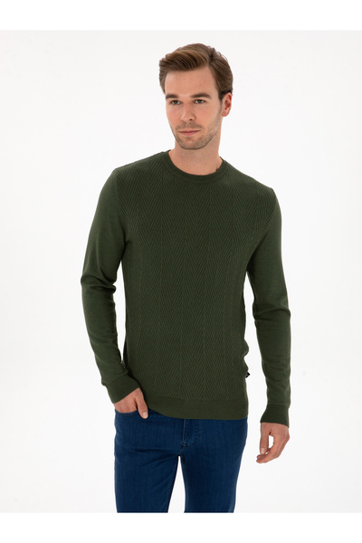 Cacharel Koyu Haki Slim Fit Yün Karışımlı Bisiklet Yaka Triko Kazak 50311867-VR111