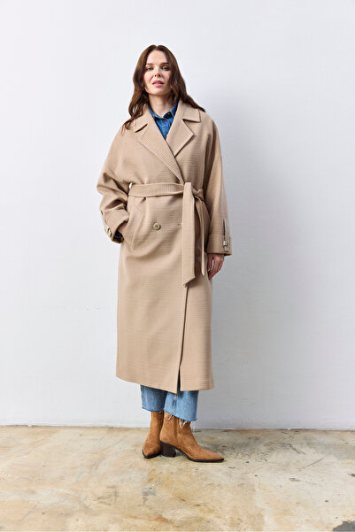 KENT Oversize Light Beige Long Coat with Belted Self-Textured Fabric