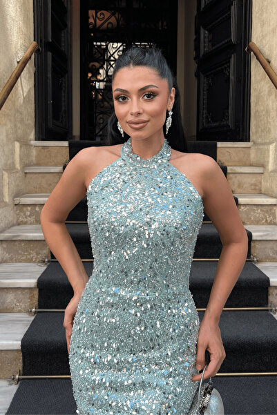 giyimmasalı Beaded Fabric Halter Neck Pencil Dress - Mint Green