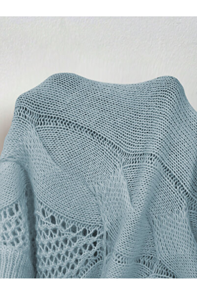 AQE FASHION Tricotaj pentru femei cu mâneci ajurate, cu model din plasă, cu gât cu decolteu, tricotaj pentru păr, pulover, albastru bebeluș
