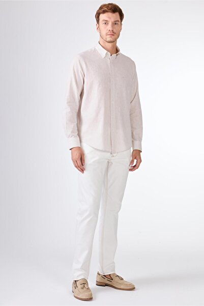 Dufy Bej Keten Düz Uzun Kol Regular Fit Erkek Gömlek
