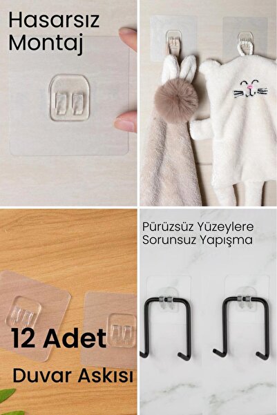 Hayveys 12 Adet Güçlü Çerçeve Askısı Yapışkanlı Raf Tutucu Banyo Askı Kanca