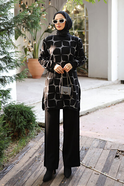 FERHEL Sparkle Pattern Steel Knitted Comfortable Fit Women's Tunic and Pants Hijab Knitwear Set