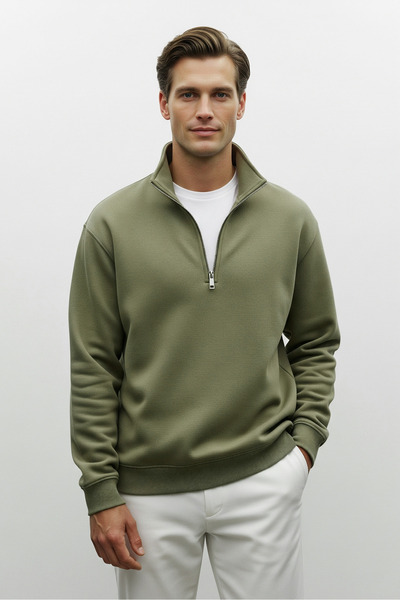 COMBİNE MİCHAİL Men's Half Zipper Loose Green Sweatshirt