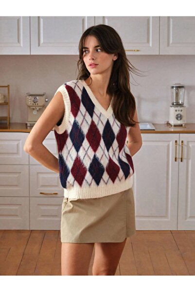 KURGAN TEKSTİL Women's Burgundy Navy Blue Argyle Patterned Knitwear Sweater