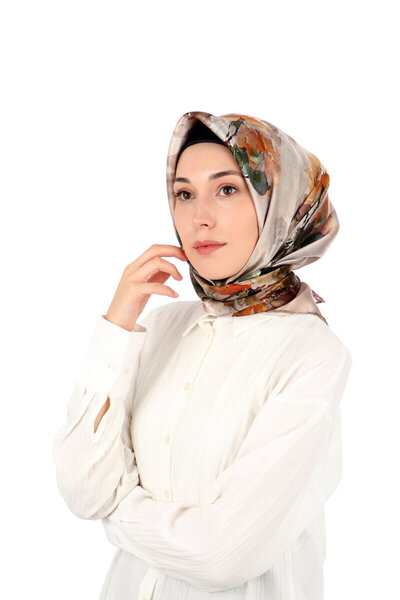 Bursa İpek Eșarfă din mătase Sura cu model de camelie bej-gri