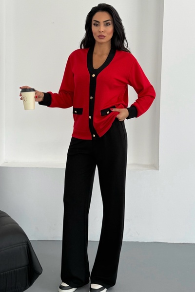 Ded COLLECTION Set de cardigan modal pentru femei, cu decolteu în V, nasturi aurii și buzunare ornamentale