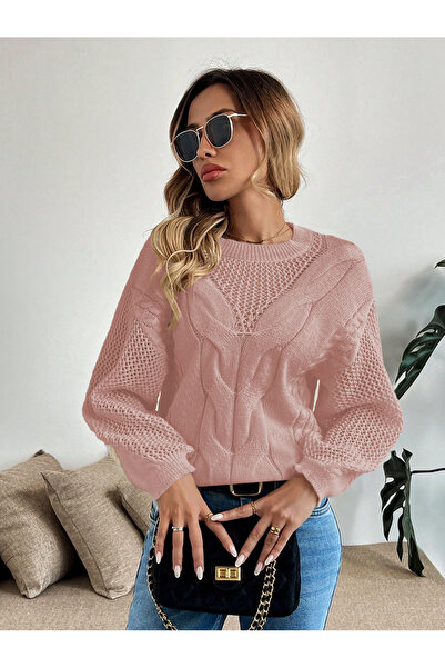 AQE FASHION Tricotaj pentru femei cu mâneci ajurate, cu model din plasă, cu gât cu decolteu, pulover, pudră