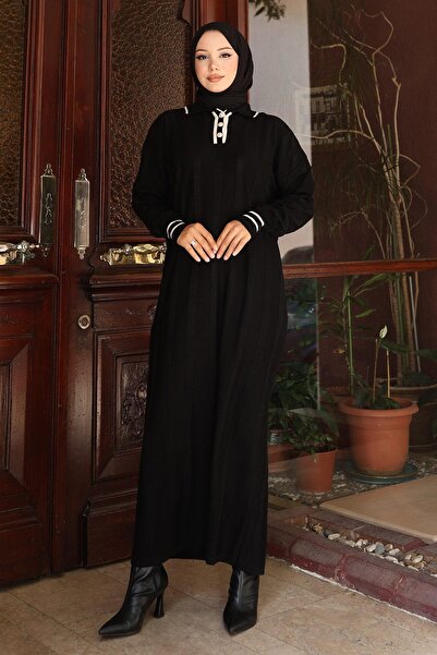 Modamihram Rochie din tricot cu detaliu cu nasturi Negru 6153