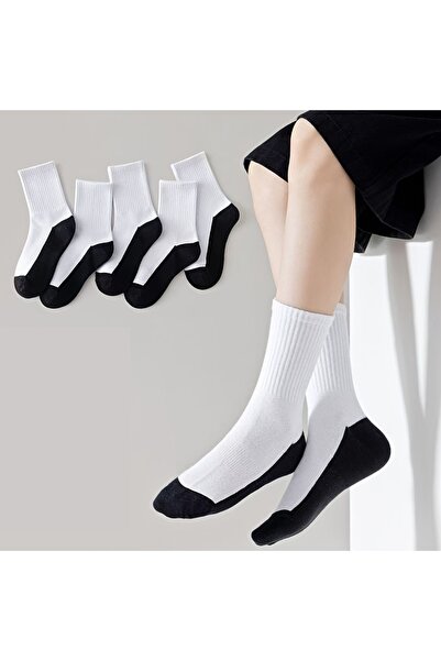 çorapmanya 6 Çift Kadın/Erkek Öğrenci Siyah Beyaz Çizgisiz Tanablı Kolej Teni...