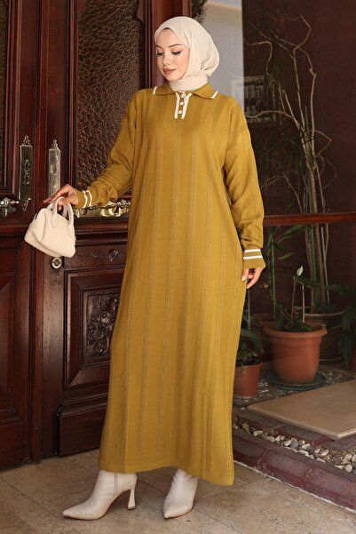 Modamihram Rochie din tricot cu detaliu cu nasturi, kaki 6153