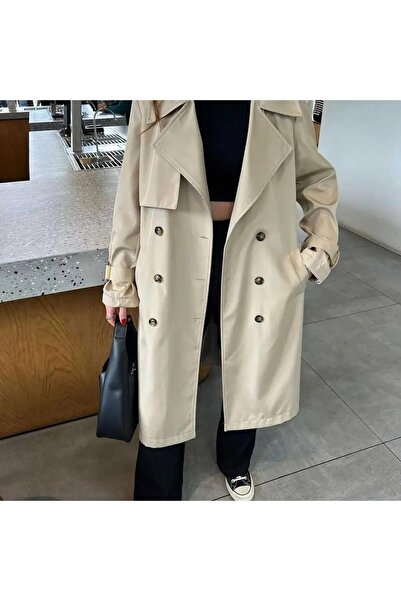 MODAF Düğmeli Kemerli Rüzgarlıklı Taş Rengi Trençkot