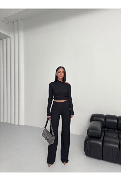 BEJNA Women's Bubble Boat Neck One Shoulder Crop Blouse Bottom Top Set