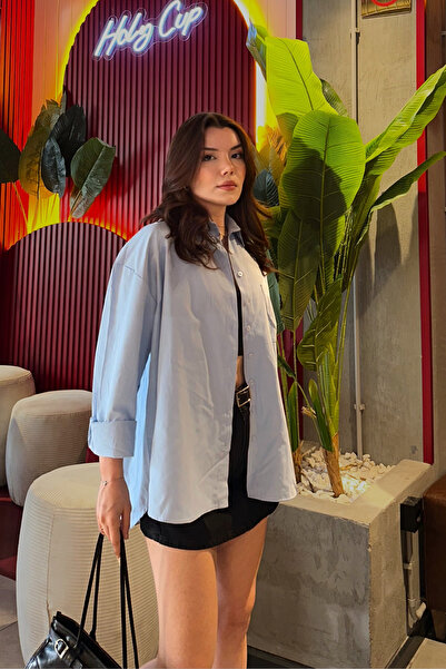 Bipantolon Women's Baby Blue Oversize Basic Pocket Detailed Poplin Long Sleeve Shirt