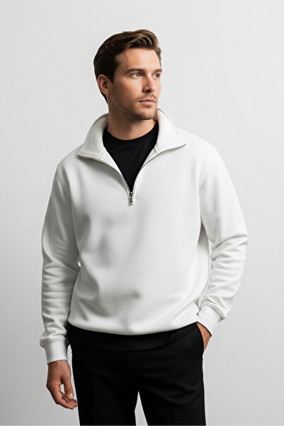 COMBİNE MİCHAİL Men's Half Zipper Loose White Sweatshirt