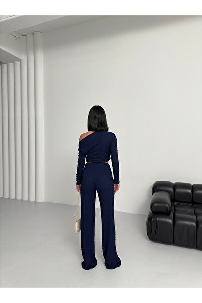 BEJNA Women's Bubble Boat Neck One Shoulder Crop Blouse Bottom Top Set