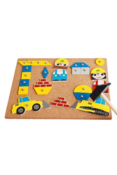 LENA Construction Set with Hammer and Nails Lena, for Kids, 56 Wooden Pieces, 8 Printed Shapes, and Acces
