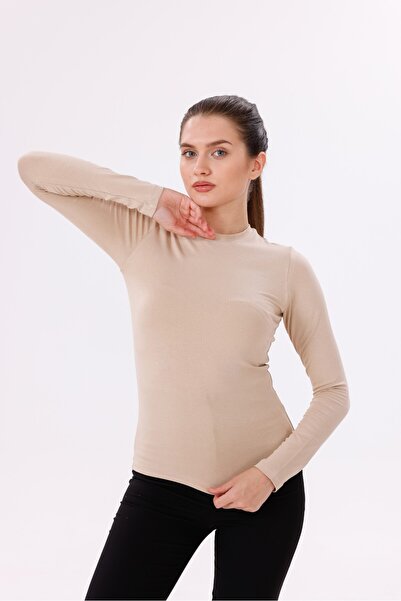 Yade Fashion Kadın Uzun Kollu Body Bisiklet Yaka - Ekru