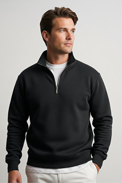 COMBİNE MİCHAİL Чоловічий чорний світшот з напівзастібкою