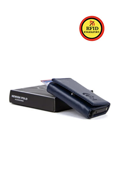 GOLDBAGS محفظة بطاقات من الجلد النباتي باللون الأزرق الداكن للجنسين مع آلية م...