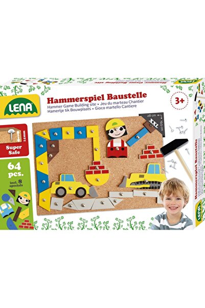 LENA Construction Set with Hammer and Nails Lena, for Kids, 56 Wooden Pieces, 8 Printed Shapes, and Acces