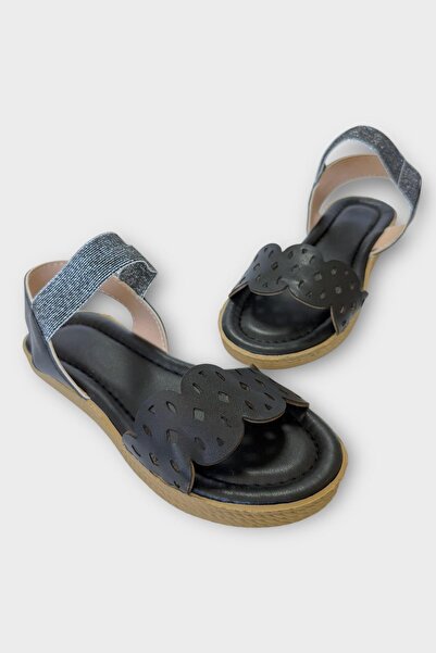 Liger Women's Single Strap Rubber Detailed Laser Cut Summer Sandals Black