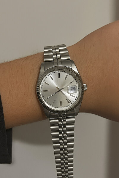 Çelik Gold Metal Kordonlu Erkek Kol Saati Beyaz Kadran Takvimli Klasik