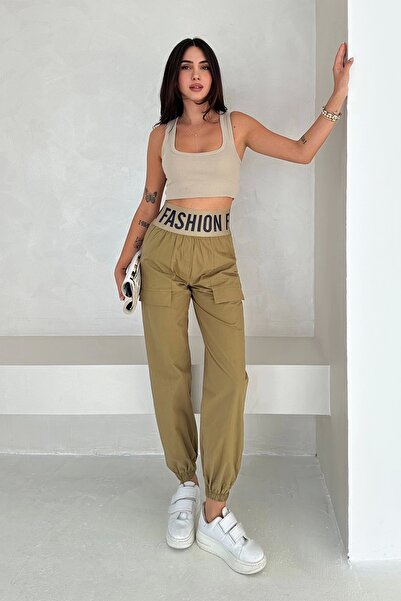 AsprinFashion Pantaloni la modă cu talie elastică, verde